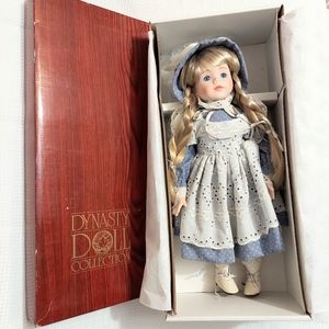 Musical Porcelain Doll 16 " Country Blue Dress and Bonnet
